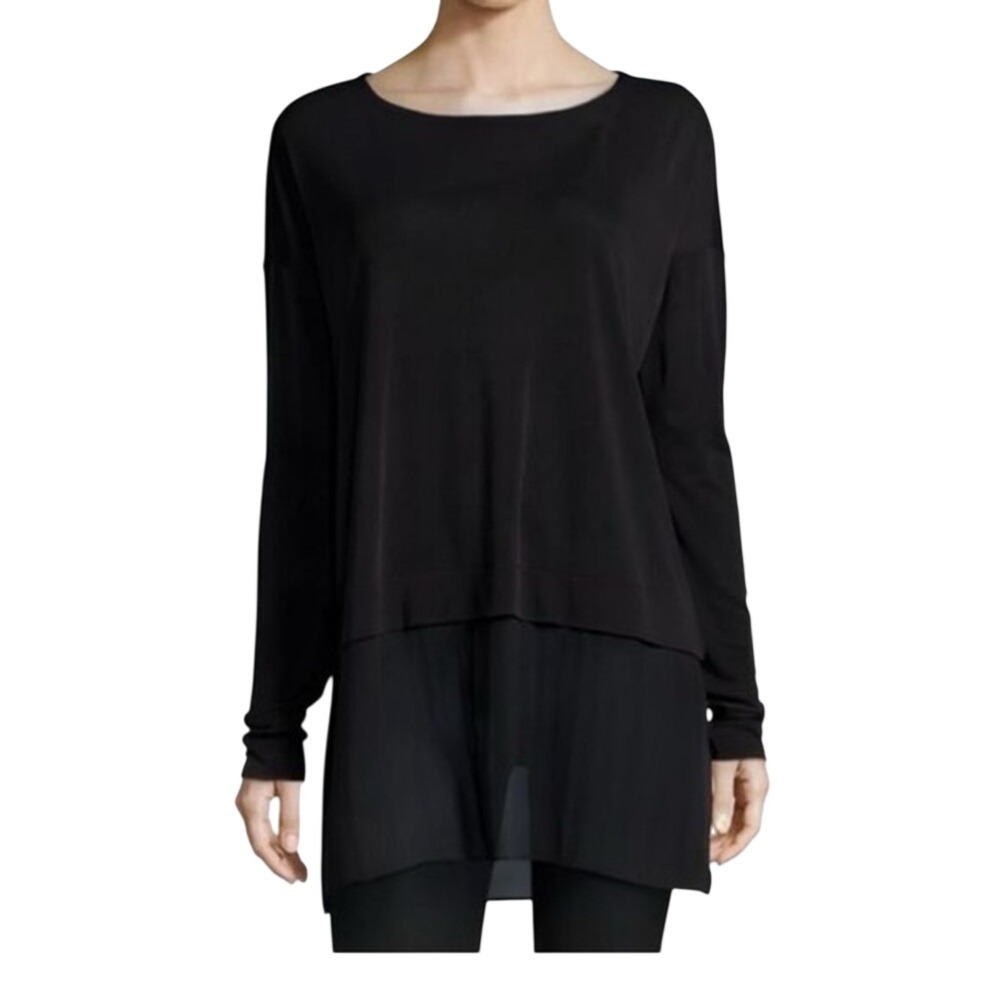 Eileen Fisher Black Silk Bateau Neck Chiffon Hem Tunic Top Size XS